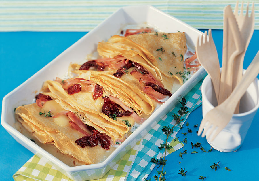 Gegratineerde ham-raclette-crêpes